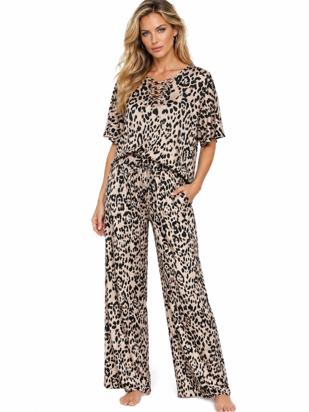 LANDA Leopard Print Lounge Set Cold Shoulder Lace Up Wide Leg XS